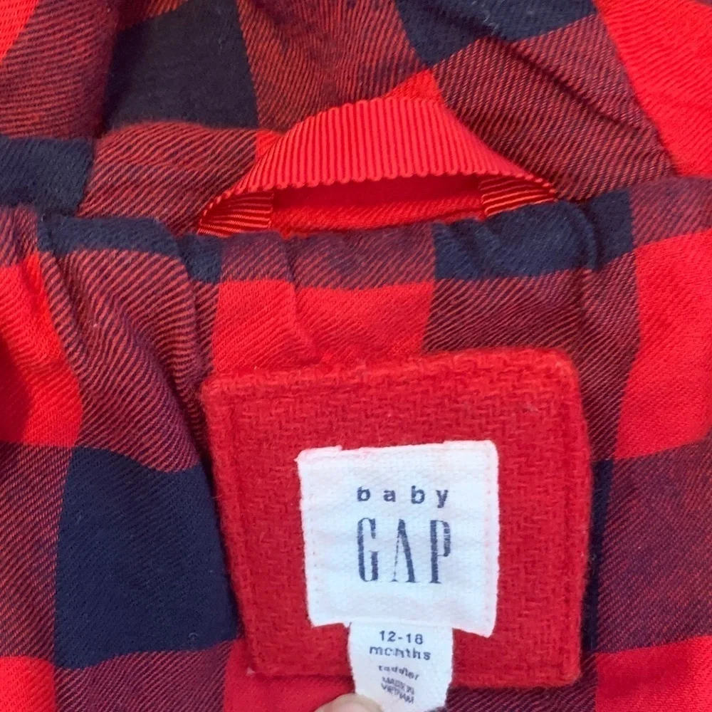 Baby GAP Red pea toggle coat Jacket hooded plaid lining wool blend 12 mo